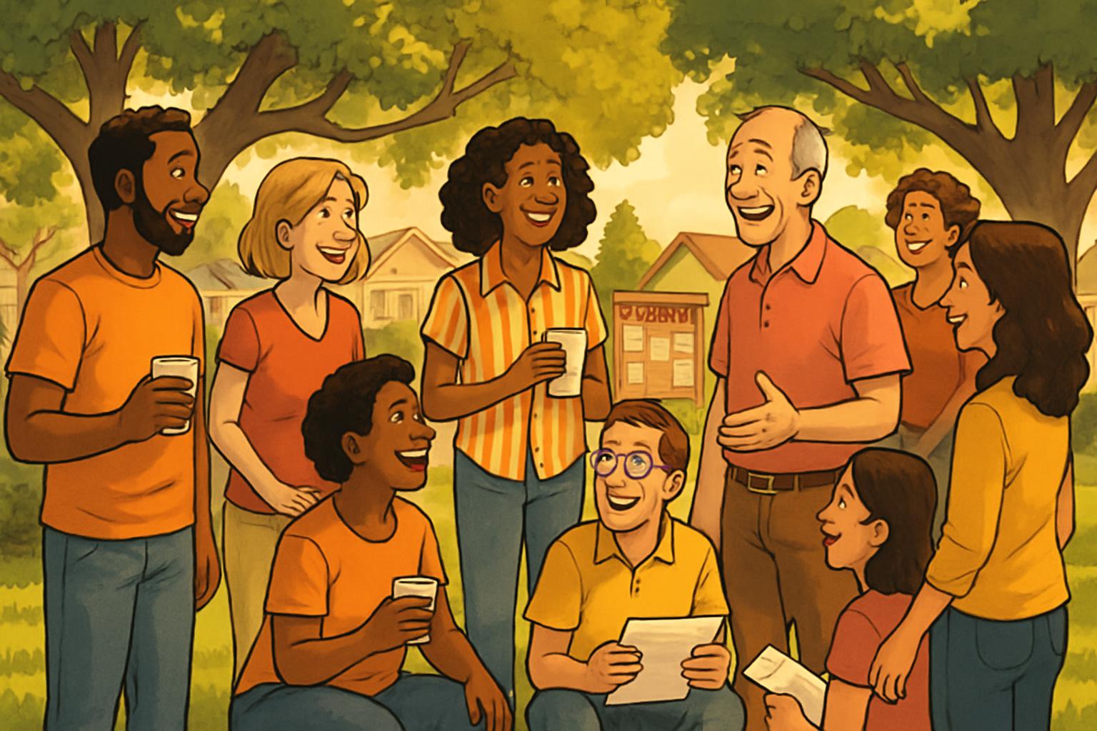 friendly neighborhood gathering outdoors with smiling residents chatting