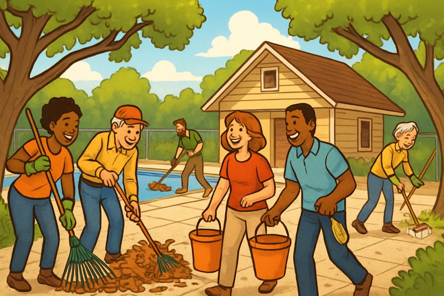neighbors working together outdoors cleaning up a pool area with rakes and buckets on a sunny spring morning